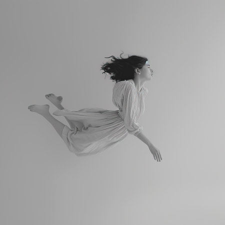 Graceful girl soaring in the sky, a vision of elegance and freedom, captured in monochrome beauty. created with Generative AI technology.の素材