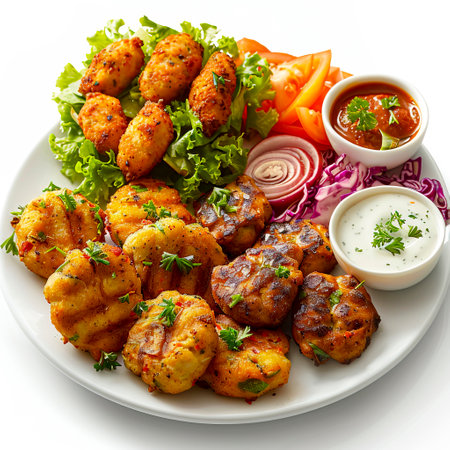 Delicious Platter of Kofta, Nuggets, and Chicken Cutlets with Fresh Salad, created with Generative AI technologyの素材