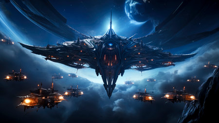 Organic Star Cruisers: V Formation Flight in Sci-Fi Scene created with Generative AI technologyの素材