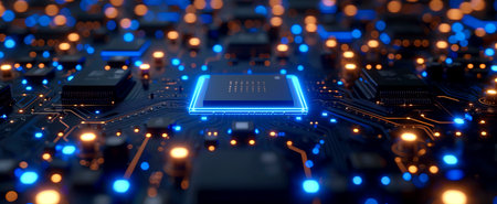 Digital Symphony: Futuristic Circuit Board Illuminated in Blue Light, Rendered with Octane Precision, created with Generative AI technologyの素材