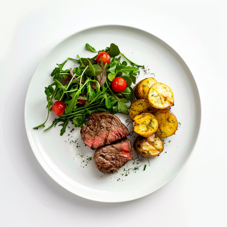 Delicious steak dinner on elegant white plate from above angle, captured in studio with flat light and white backdrop created with Generative AI technologyの素材