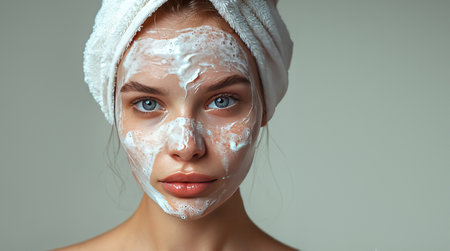 Glowing Skin Regimen: Female Using Facial Cleanser, Beauty and Skincare, created with Generative AI technologyの素材