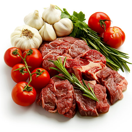 Sizzling Beef and Veggie Delight on a Clean White Canvas created with Generative AI technologyの素材