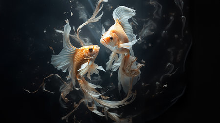 Elegant Goldfish Pair Swimming in Synchronized Harmony, an Underwater Ballet created with Generative AI technologyの素材