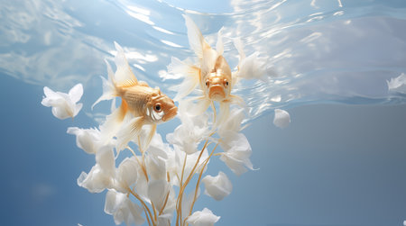 Elegant Goldfish Pair Swimming in Harmony, an Underwater Ballet created with Generative AI technologyの素材