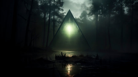 Eerie Shadows Cast Over a Misty Marsh, Midnight Sky - created with Generative AI technologyの素材