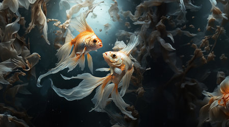 Elegant Goldfish Pair Performing a Water Ballet, created with Generative AI technologyの素材