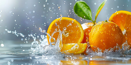 Vibrant Citrus Splash: Stunning Orange Fruits and Juice on White Background created with Generative AI technologyの素材