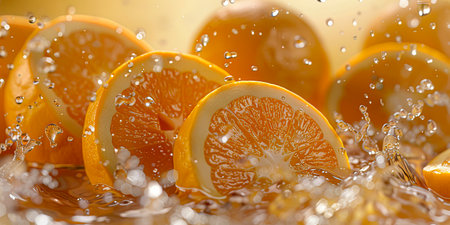 Vibrant Citrus Explosion: Orange Fruits and Juice Splash on White Background, created with Generative AI technologyの素材