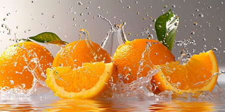 Vibrant Citrus Splash: Captivating Orange Fruits and Juice on White Background created with Generative AI technologyの素材