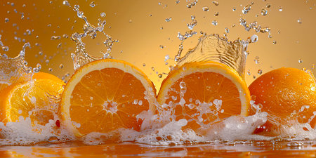Vibrant Citrus Burst: Stunning Orange Fruits and Juice Splashes on White Background created with Generative AI technologyの素材