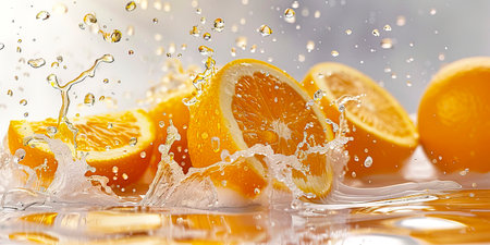 Vibrant Citrus Splash: Stunning Orange Fruits and Juice on White Background created with Generative AI technologyの素材