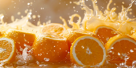 Vibrant Orange Fruits and Juice Splash on White Background, created with Generative AI technologyの素材