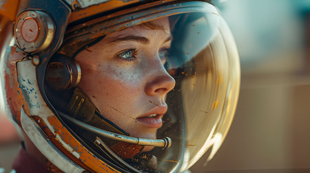 Astronaut's Mars Helmet Macro Close-Up Portrait Enhanced with AI Technology, Space Explorer's Helmet Extreme Shot, created with Generative AI technologyの素材