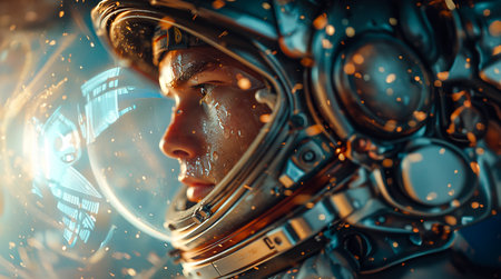 Cosmic Explorer's Helmet Macro Portrait, Astronaut Visor Close-up, Futuristic Space Traveler Headgear Photo, created with Generative AI technologyの素材
