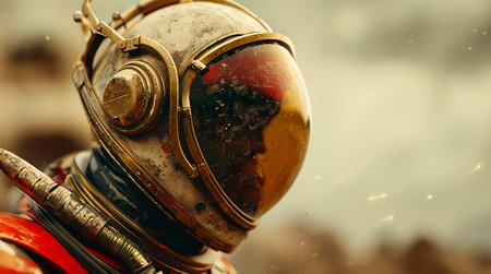 Cosmic Exploration: Astronaut's Helmet Close-up on the Red Planet created with Generative AI technologyの素材