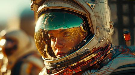 Exploring the Red Planet: Close-up Macro Portrait of Mars Astronaut Helmet, AI-generated Sci-fi Image created with Generative AI technologyの素材