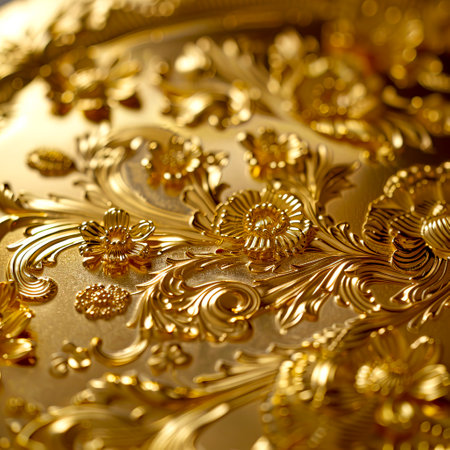 Golden Elegance Shimmering Gold Plate Backgrounds for Restaurant Websites created with Generative AI technologyの素材