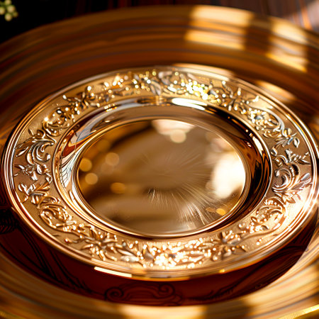 Golden Elegance Shimmering Gold Plate Backgrounds for Restaurant Websites created with Generative AI technologyの素材