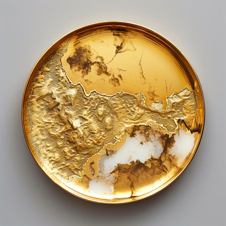 Golden Delights Luxurious Shiny Gold Plate Backgrounds for Restaurant Websites created with Generative AI technologyの素材