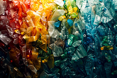 Vibrant colored bottles in a plastic recycling stack created with Generative AI technologyの素材
