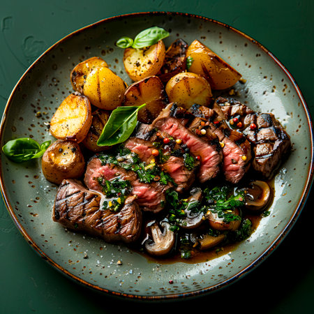 Exquisite Wagyu Steak with Potatoes and Mushrooms A Culinary Masterpiece on a Dark Green Canvas, created with Generative AI technologyの素材
