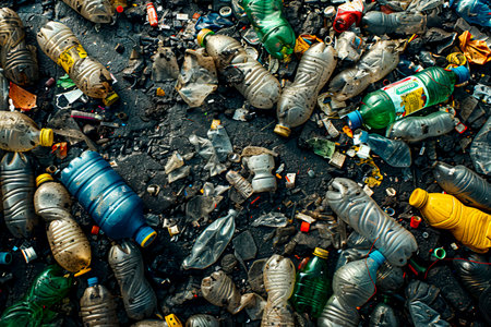 Vibrant Bottles A Rainbow of Plastic Recycling Piles created with Generative AI technologyの素材