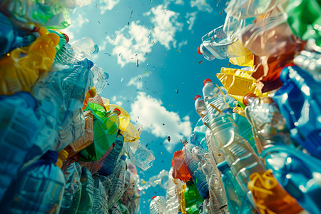 Colorful plastic bottles in a recycling stack created with Generative AI technologyの素材
