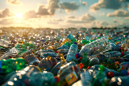 Vibrant colored bottles in a stack of plastic ready for recycling created with Generative AI technologyの素材
