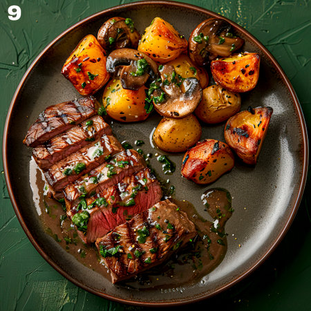 Exquisite Wagyu Steak Medallions with Potatoes and Mushrooms in Savory Sauce, Artfully Plated on Dark Green Background for Food Magazine, created with Generative AI technologyの素材