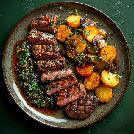 Exquisite Wagyu Steak Slices with Potatoes and Mushrooms in Savory Sauce, Artfully Presented on Plate on Dark Green Background, created with Generative AI technologyの素材