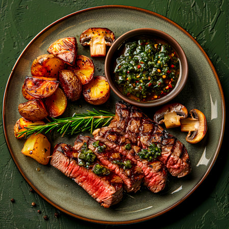 Exquisite Wagyu Steak Medallions with Potatoes and Mushrooms in Savory Sauce, elegantly presented on a plate against a dark green backdrop, created with Generative AI technologyの素材
