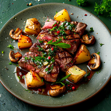 Exquisite Wagyu Steak Medallions with Potatoes and Mushrooms, Drizzled in Savory Sauce on Elegant Plating, Set Against a Dark Green Backdrop, created with Generative AI technologyの素材