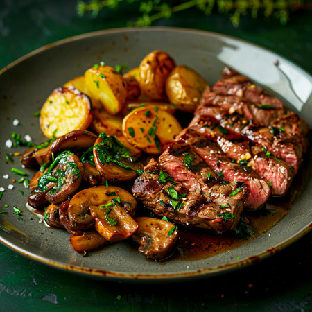 Exquisite Wagyu Steak Slices with Potatoes and Mushrooms, Drizzled in Savory Sauce, Presented Artfully on Plate created with Generative AI technologyの素材