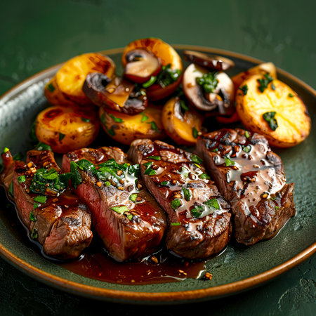 Exquisite Wagyu Steak Medallions with Potatoes and Mushrooms, Drizzled in Savory Sauce on Elegant Plating, Presented on a Dark Green Background created with Generative AI technologyの素材