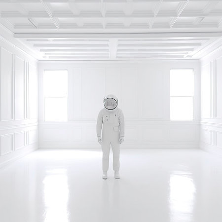 Lonely astronaut in a white room: A visual exploration of space solitude created with Generative AI technologyの素材