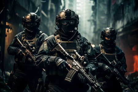 Urban Warfare: Mercenaries in Action with Assault Rifles in a Dark Alley created with Generative AI technologyの素材