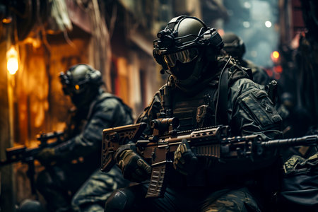 Urban Warfare: Mercenaries in Action with Assault Rifles in Alley created with Generative AI technologyの素材