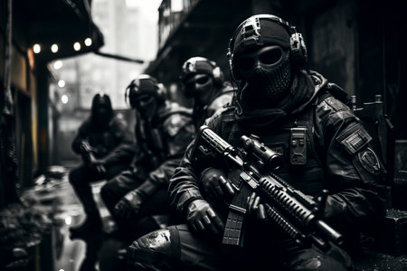 Urban Warfare: Mercenaries in Action with Assault Rifles in Dark Alley created with Generative AI technologyの素材