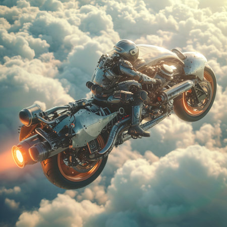 Jet Engine Powered CyberAfropunk Jet Bike Soaring Through Cloud Freedom, Created with Generative AI Technologyの素材