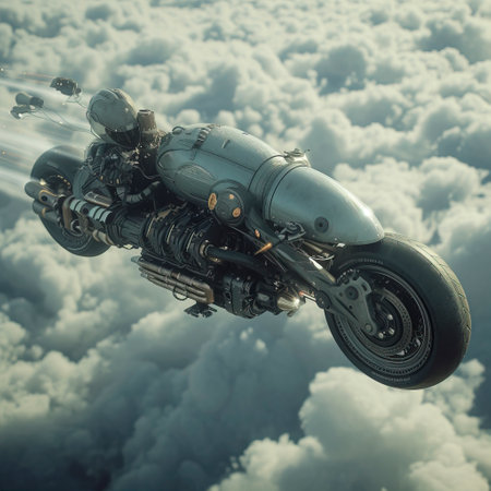 Jet Engine Powered CyberAfroPunk Flying Bike for Cloud Freedom, created with Generative AI technologyの素材