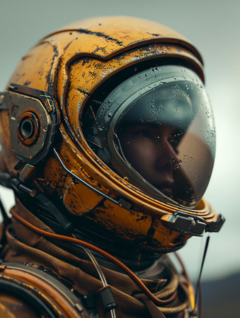 Exploring the Red Planet: Astronaut Mars Helmet Close-Up Portrait Created with Generative AI Technologyの素材