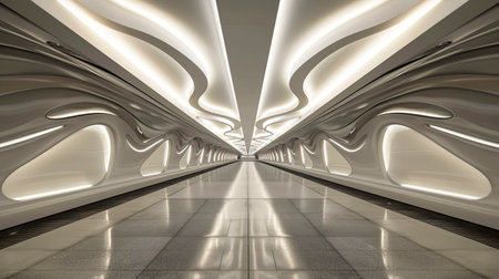 Parametric Subway Station with Halo Kaleidoscope Pillar and Ceiling Decoration, Minimalist Wall, Created with Generative AI Technologyの素材