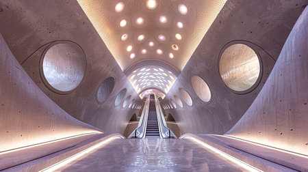 Parametric Halo Kaleidoscope Subway Station with Minimalist Wall, Pillar and Ceiling Decoration, Created with Generative AI Technologyの素材