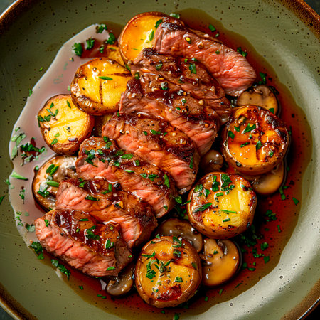 Exquisite Wagyu Steak Slices with Potatoes and Mushrooms in Savory Sauce, Artfully Presented on Plate for Food Magazine on Dark Green Background, created with Generative AI technologyの素材