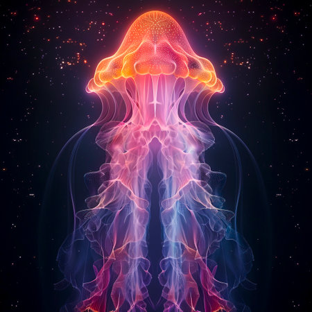 Luminous 3D Jellyfish: Abstract Minimalistic Artwork in Pink and Orange on Dark Background, created with Generative AI technologyの素材