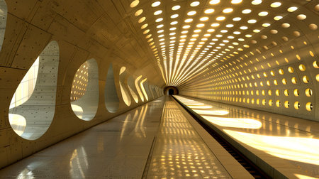 Parametric Modular Subway Station with Halo Kaleidoscope Pillar and Ceiling Decoration, Minimalist Wall, Created with Generative AI Technologyの素材