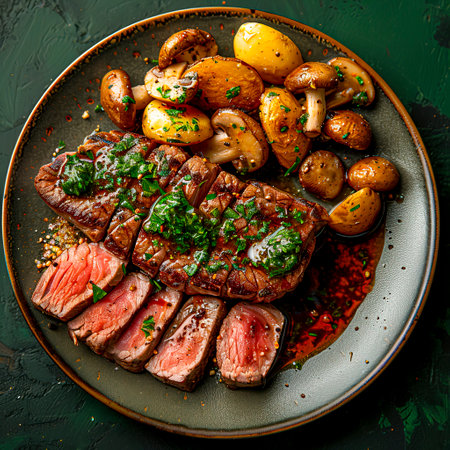Exquisite Wagyu Steak Slices with Potatoes and Mushrooms in Rich Sauce Plated Artfully on Dark Green Background, created with Generative AI technologyの素材