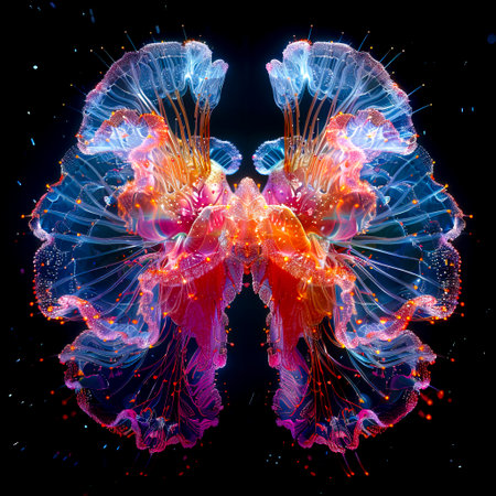 Vibrant Abstract 3D Artwork in Pink and Orange on Dark Background created with Generative AI technologyの素材