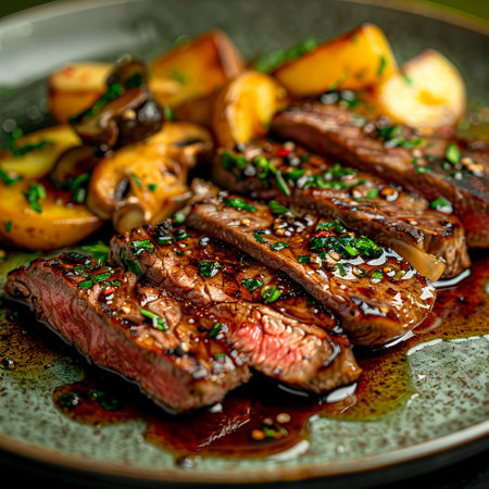 Exquisite Wagyu Steak Slices with Potatoes and Mushrooms, Drizzled in Savory Sauce, Artfully Presented on Plate against Dark Green Backdrop, created with Generative AI technologyの素材
